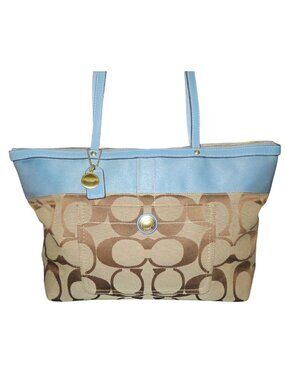 Coach 2007 Cursive Creed Limited Edition Signature Stripe Canvas & Leather Tote